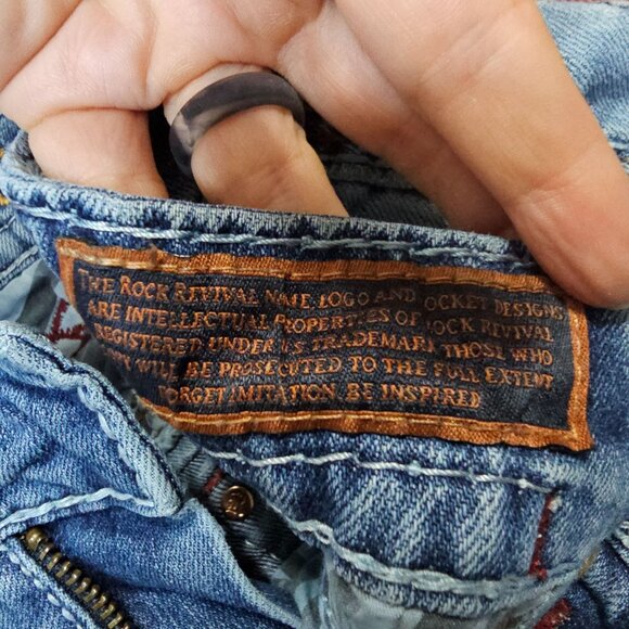 Rock Revival Ecton Boot Embroidered Denim Jeans 32 Light Wash Distressed Casual - Picture 14 of 15